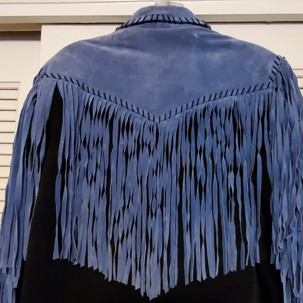 Bob Mackie Blue and Black Suede Fringe Western Jacket - Picture 7 of 10
